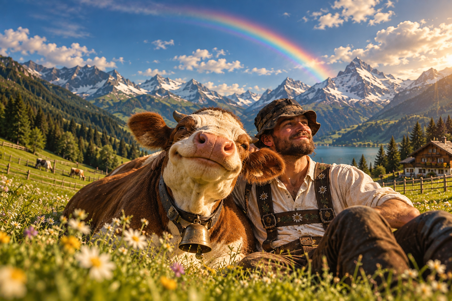 Kuh und Schweizer Bauer auf einer Bergwiese mit Regenbogen